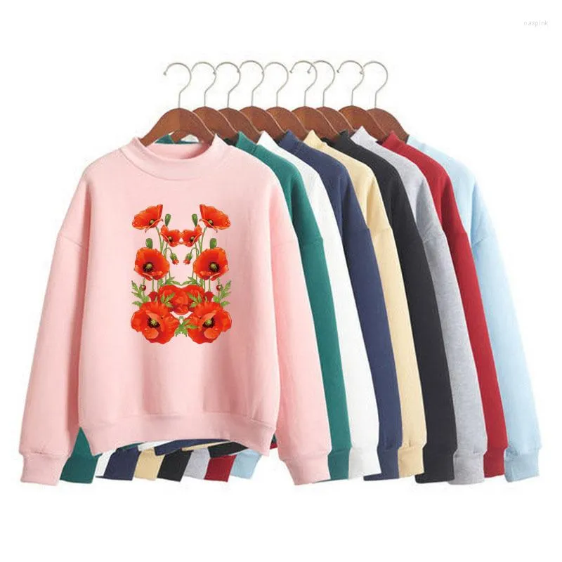 Women's Hoodies Red Flowers Trendy Print Woman Sweatshirts Sweet Korean O-neck Knitted Pullovers Autumn Winter Candy Color Loose Women