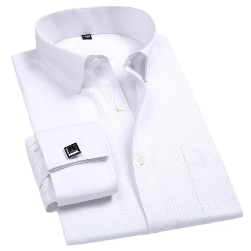 メンズカジュアルシャツ2023メンズフレンチカフドレスシャツカフリンクス白い長袖ボタン男性ブランドレギュラーフィット服230822