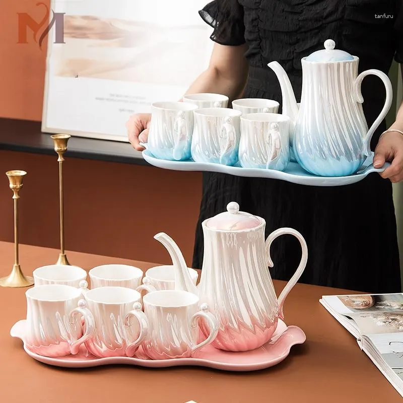 Hip Flabks 8pcs/zestaw kolor gradient miotacza ceramiczne Puchar Pearl Glaze zimny czajnik popołudniowy herbata herbata garnek domowy biuro naczynia z tacą