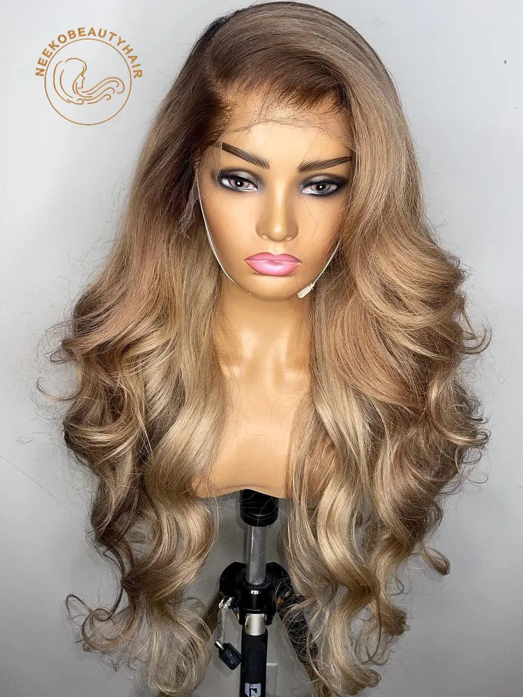 Honey Blonde Lace Front Wig Body Wave 13x6 HD Transparent Lace Frontal Wig Ombre Blonde Colored Human Hair Wigs with Brown Root