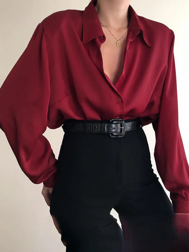 Blusas De Mujer Camisa Con Botones Cuello Vuelto Oficina Senora Blusa Informal De Manga Larga Camisa Holgada OL Tops Holgados Vino Tinto Rojo Negro 230823 De 7 86 DHgate