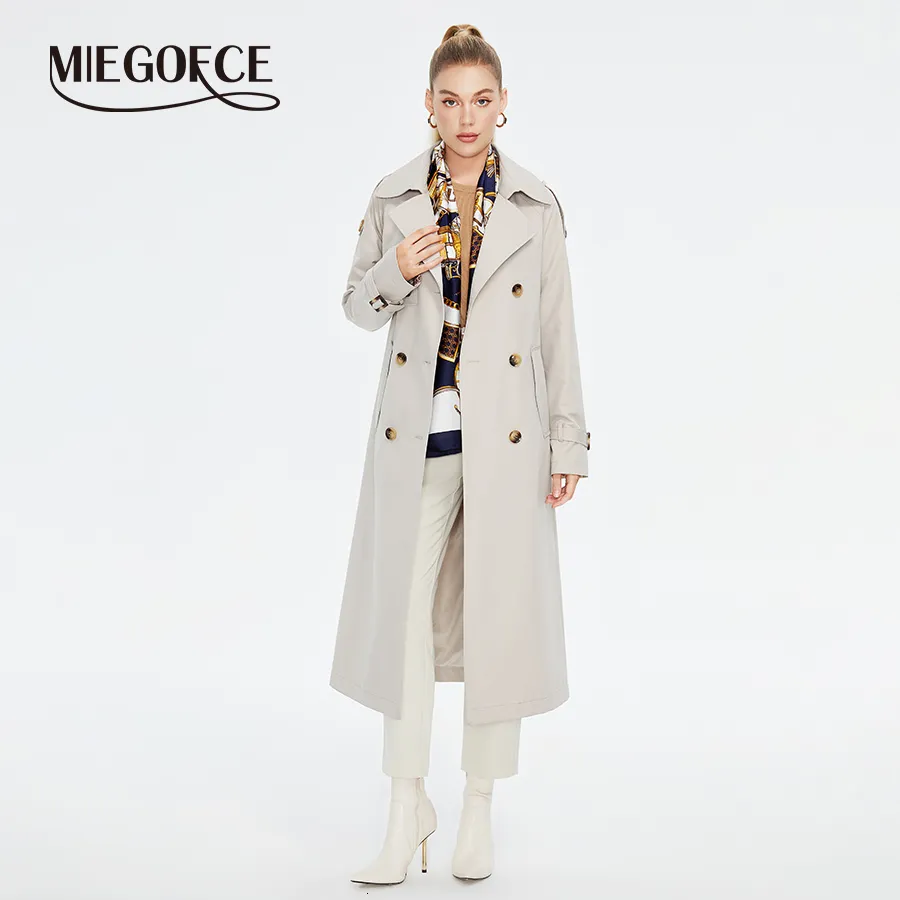 Women s Suits Blazers MIEGOFCE 2023 Spring Autumn Lapel Women Long Trench Coat Solid Color Belt Scarf Double Breasted Windbreaker F23827 230822