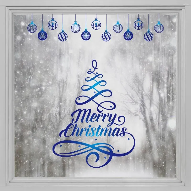 Adesivi per finestre kizcozy blu pittura albero di buon Natale con campane film decorativo per soggiorno impermeabile