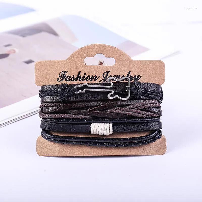 Charm Bracelets 3Pcs/ Set Braided Wrap Leather Bracelet For Men Vintage Guitar Wood Beads Fashion Male Wristband Friends Gifts