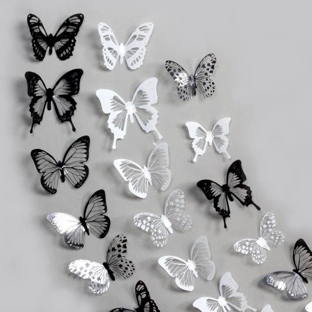 36 pièces 3D PAPILLONS avec des paillettes en noir/blanc I Stickers muraux  pour salon chambre