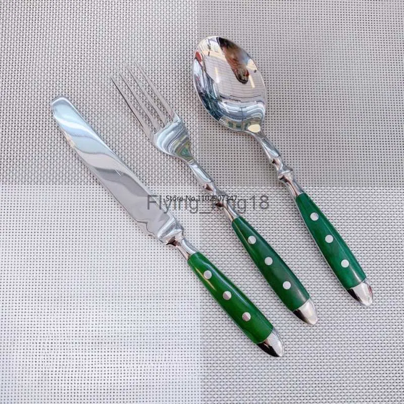 2pcs Green Griff Western Geschirr drei Nägel Messergabel Löffel Holzhandmesser Löffel und Gabeln Restaurant HKD230812