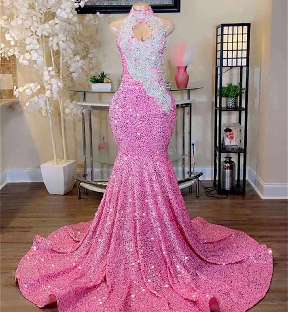 Luxury Pink Sequin Prom Dress Mermaid Evening Gown, Halter Neck Lace  Formal Dress for Black Girls, Vestidos De Gala