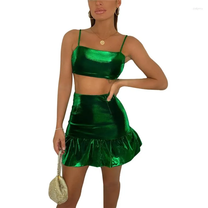 Sukienki robocze Zielona Uprawa Top dwuczęściowy zestaw Kobiety Seksowne plecy w talii Ruffles BodyCon Spódnice 2 Summer Club odzieży 2023