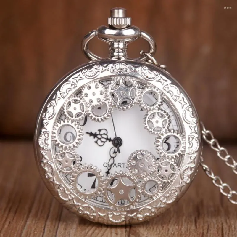 Pocket Watches Antique Silver Quartz Watch Vintage Gear Hollow Necklace Pendant Unisex Clock With FOB CHAIN ​​Women Men Gifts CF1091