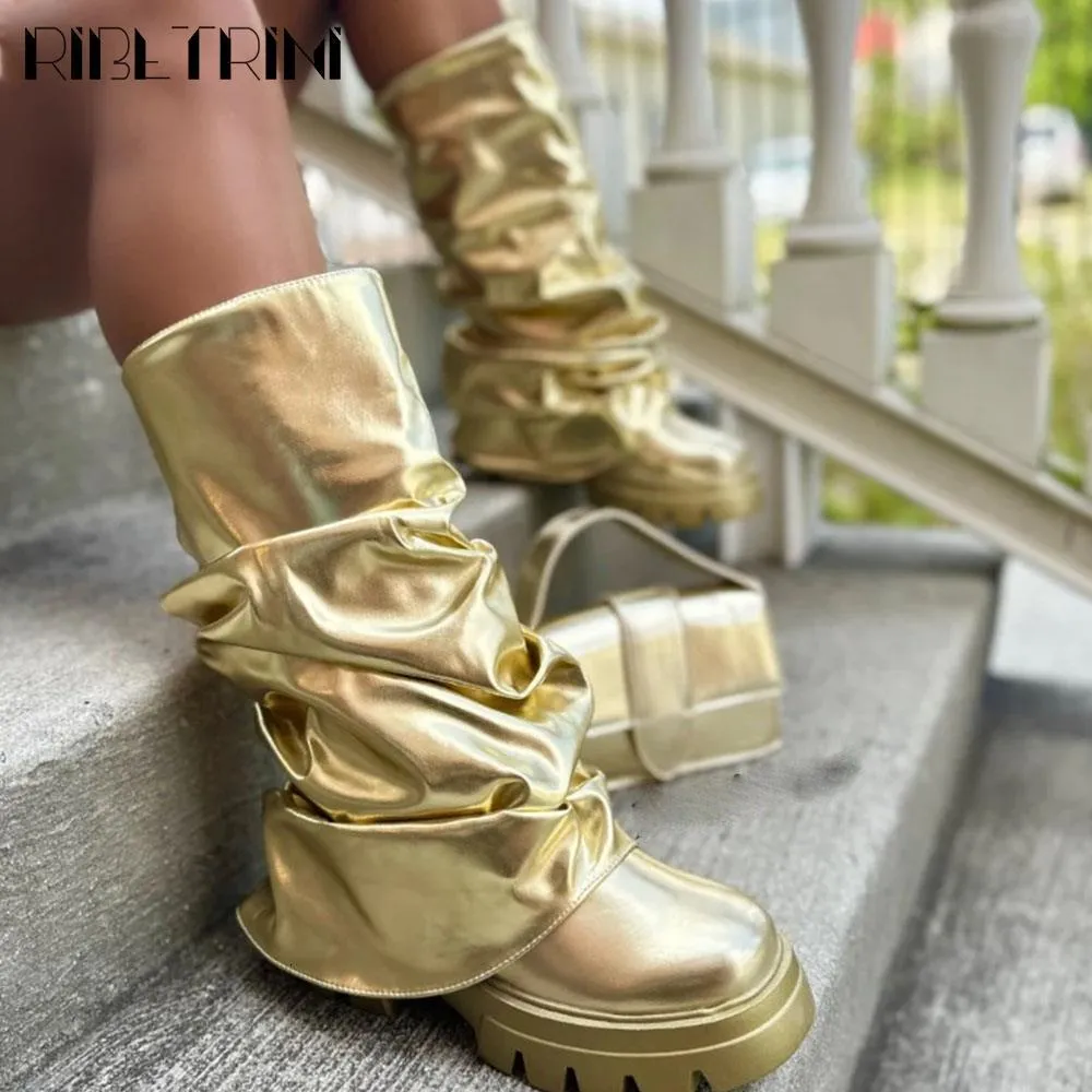 Boots Metallic Mid Calf in Gold Women Chunky Heeled Fold Over Platform Kne High Shoes Brand Luxury Designer Street 230823