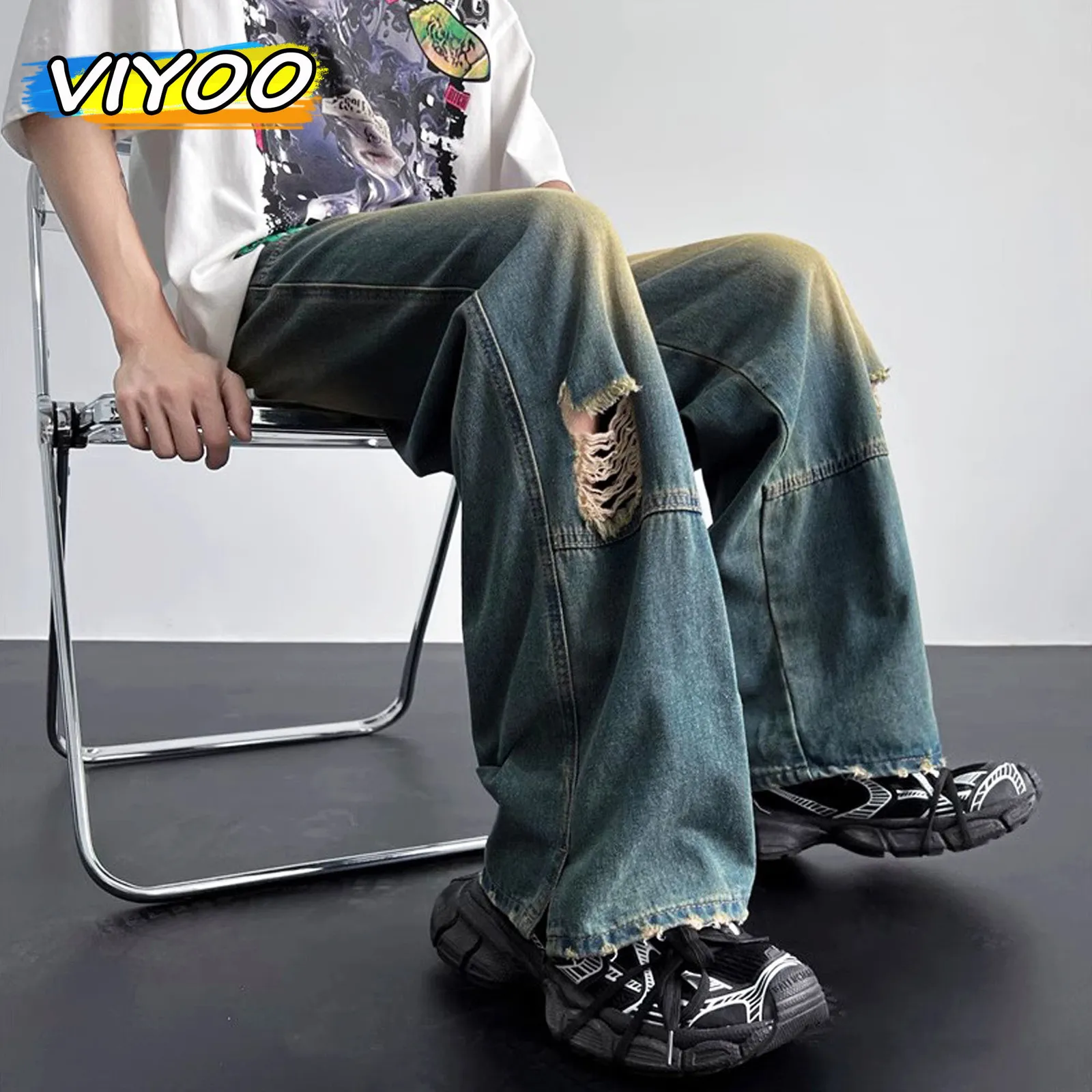Mens Jeans Pantalones Vaqueros Holgados Rasgados Y2K Para Hombre Pantalones De Pierna Ancha De Mezclilla Pantalones Vaqueros Vintage De Cintura Alta De Hip Hop Para Hombre Ropa Coreana 230823 De 17 18...