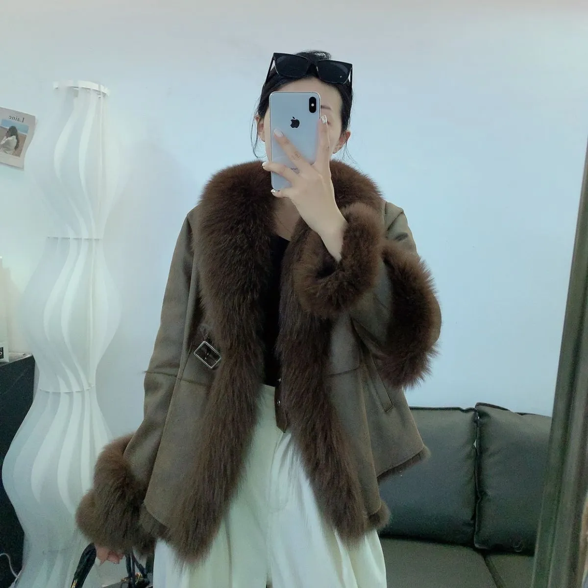 REAL RABBIT Elegant Brown Fur Collar Sierra Rex Rabbit Fur Wrap Coat with Finn Raccoon Collar  main image 3