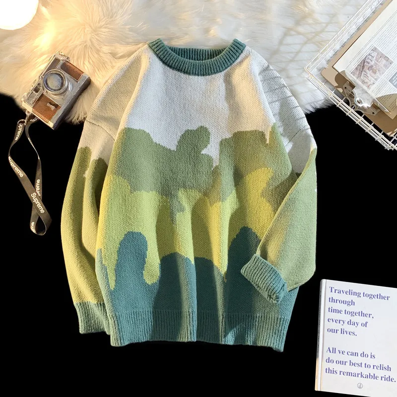 Herrtröjor Herrkontrast Crewneck stickad tröja Autumn Harajuku Fashion Sweaters Pullovers Retro Y2K Clothes Blusa de Frio Masculino 230822