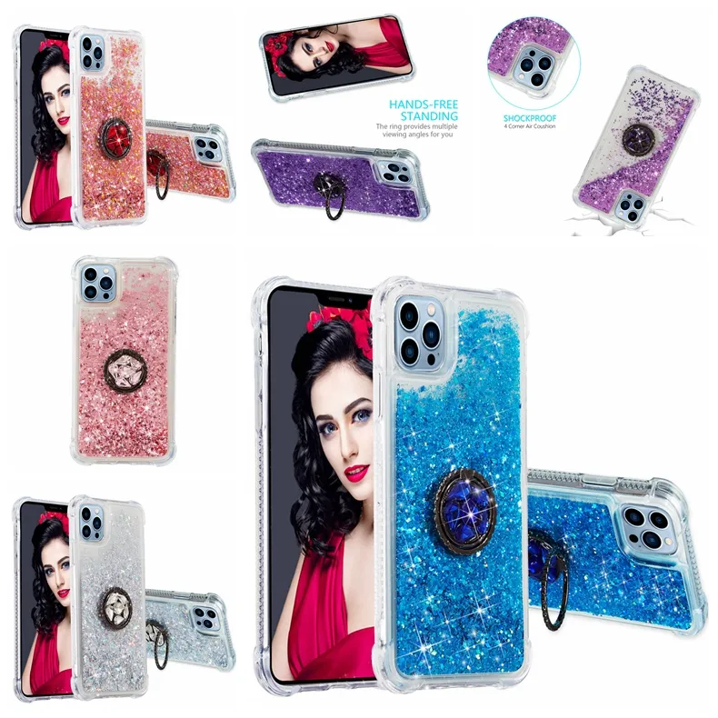 Luxury Diamond Finger Ring Holder Quicksand Cases For Iphone 15 Plus 14 13 Pro Max Mini Samsung Galaxy S21 FE Ultra Plus Soft TPU Liquid Bling Glitter Stand Phone Cover