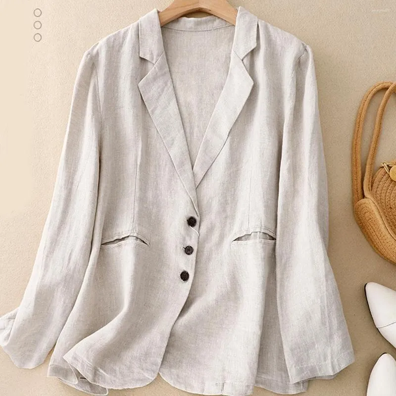 Terno feminino linho de algodão cor sólida com mangas compridas jaqueta feminina outumn versão coreana da carteira de blusa casual de temperamento solto retrô