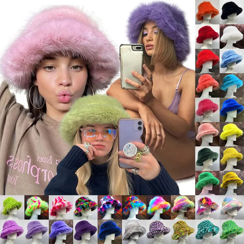 Wide Brim Hats Bucket Hats 58-60cm Xl Fashion Faux Fur Bucket Hats For Women Winter Warm Big Faux Fur Fluffy Luxury Plush Fisherman Caps Outdoor Ski Panama 230823