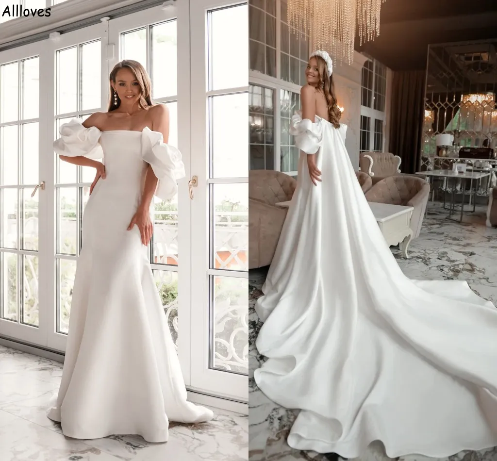 Modern vit sexig utanför axeln sjöjungfru bröllopsklänningar med lång wrap cape ruched korta ärmar eleganta satin brudklänningar enkla mottagningsfestrockar cl2738