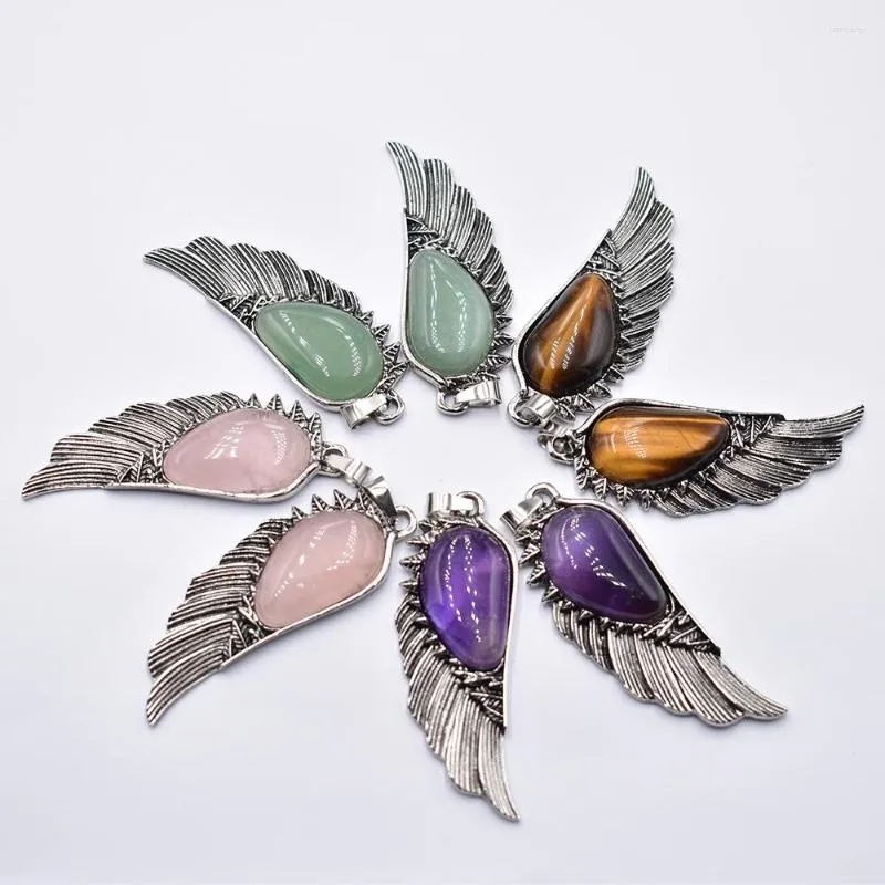 Pendentif Colliers En gros 6 pcs/lot mode qualité plume pierre naturelle Rose Quartz améthystes placage argent collier fabrication de bijoux