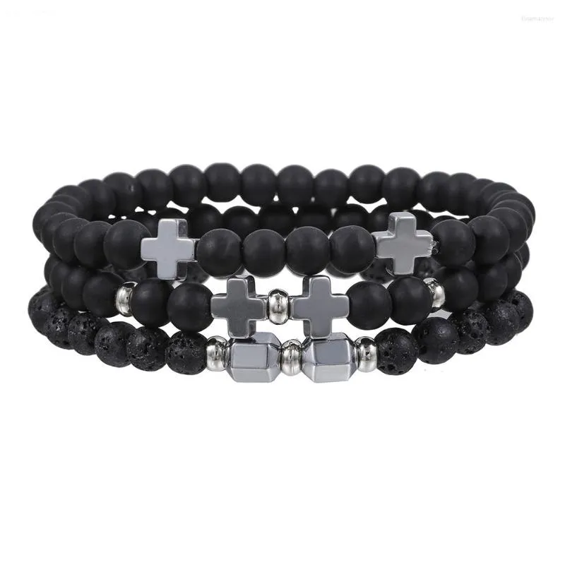 Bedelarmbanden 3 stks/veel natuurlijke hematiet steen kruis zwart mat krole handgemaakte mannen vrouwen gebed fitness paar sieraden cadeau