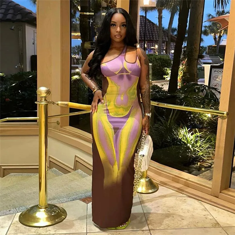 Повседневные платья Wuhe 3d Body Printed Одно плечо без рукавов Midi Bodycon Maxi Long Dress 2023 Summer Women Sexy Club Вечерние вечера