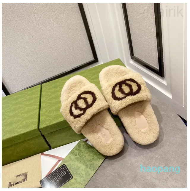 Home wool indoor house slippers ladies summer autumn and winter new black platform letters embroidered plush flat flip flops