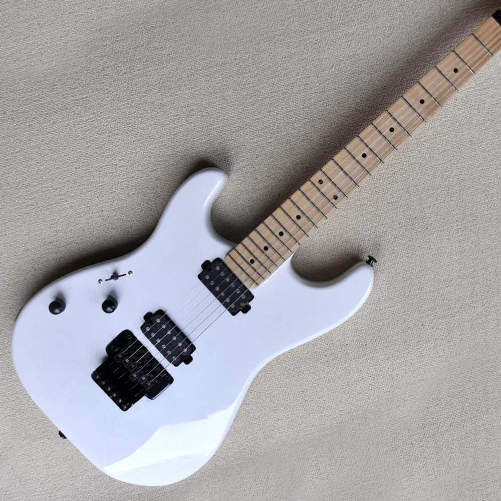 6 Strings White Left Hand Electric Guitar with Humbuckers Pickups Floyd Rose Maple Fretboard Customizable