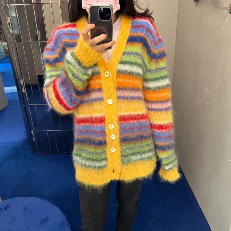 Women Sweters Miaoo Rainbow Color Striped Women Sweter Bundledup Knit Kardigan Vneck Fuzzy Multicolor Autumnwinter w 230822