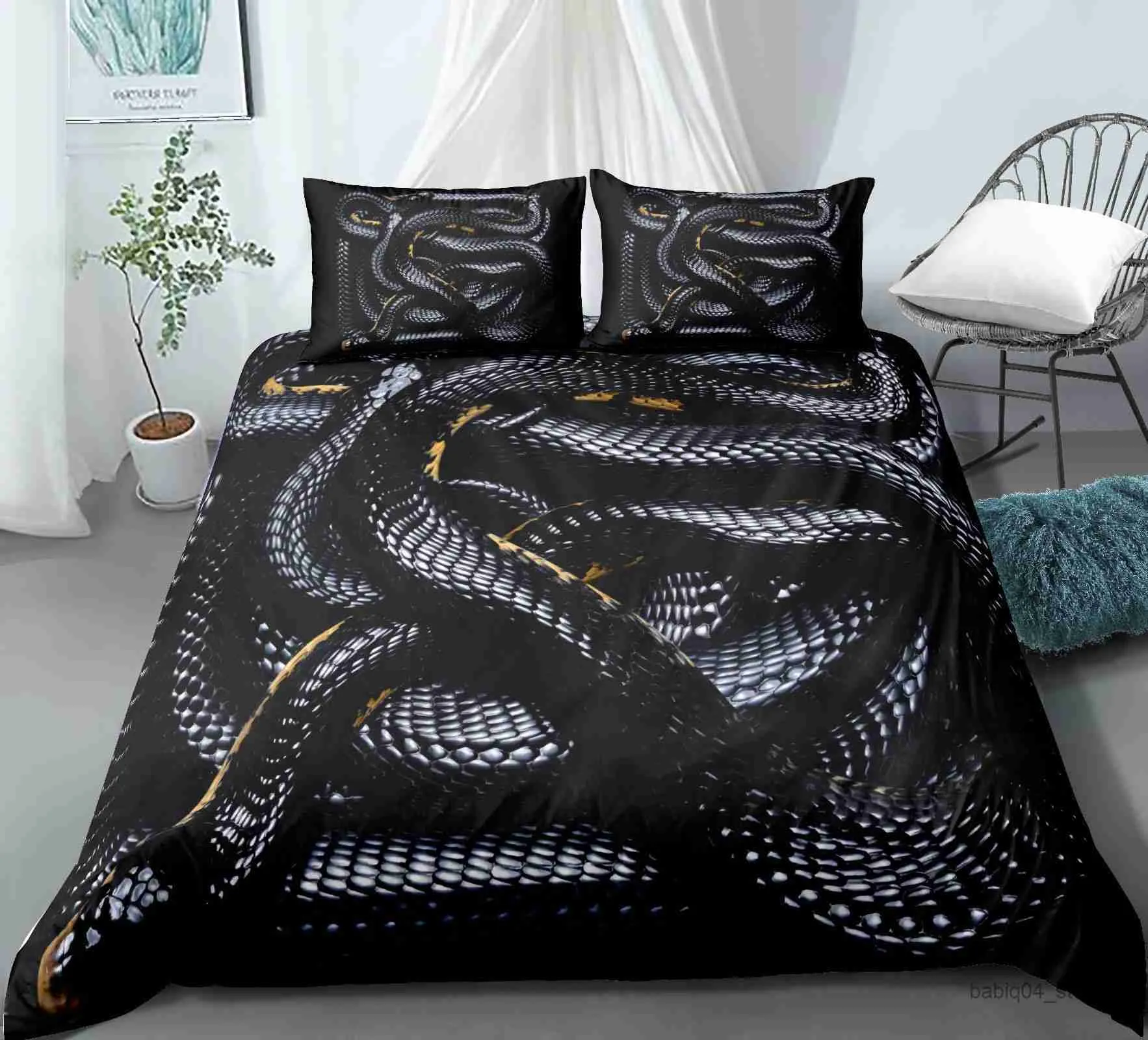 3D Snake Style Black And Gold Bedding With Soft Duvet Cover, Bedspreads