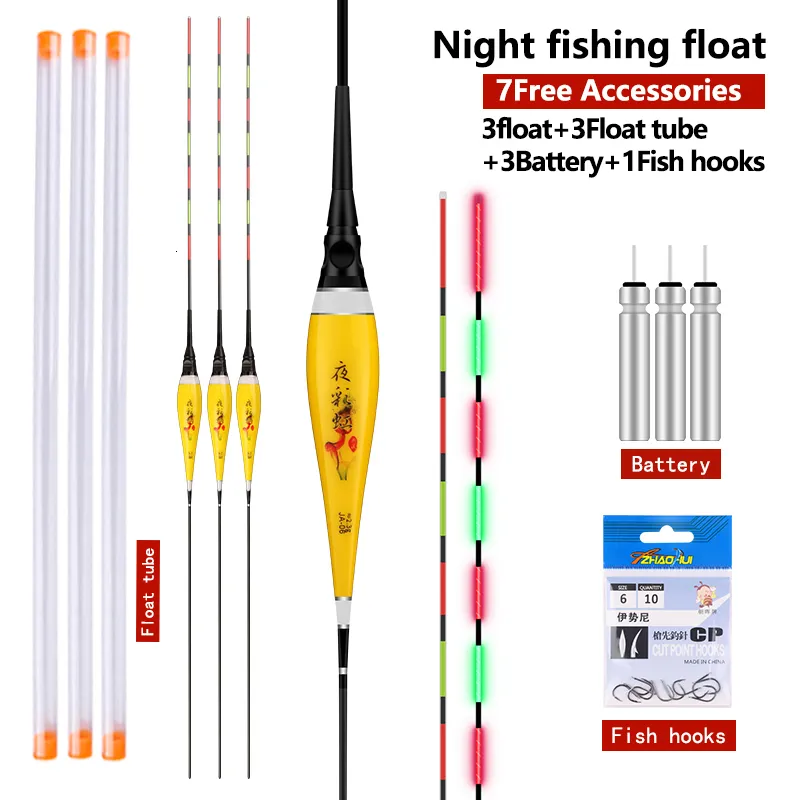 Fishing Accessories 3PCS Luminous Floats 3 CR425 3 Float Tubes 1 Bag Hooks Night Nano Buoy Electric Boya Fresh Water Tool Accessorie 230822