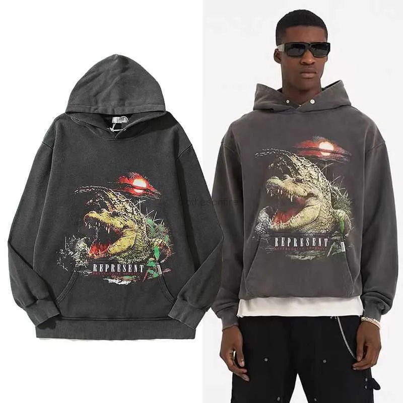 Sweatshirts Hommes Designer Sweats à capuche Mode Streetwear High Street Marque à la mode Crocodile Imprimer Lavé et usé Hommes et Femmes Lâche Hip Hop Sweat à capuche