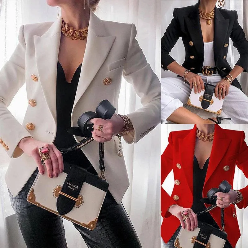 Abiti da donna blazer bianchi donne slim eleganti giacca blazer che si adattano a leone metallo bottoni a doppio petto