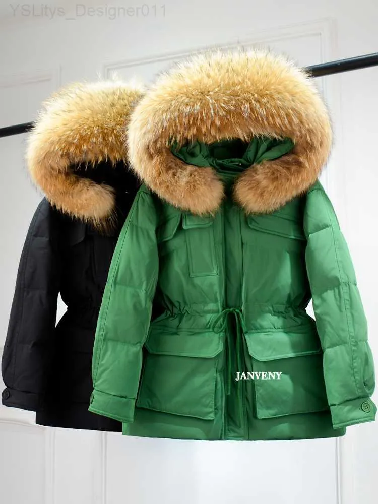 2023 New Huge Real Raccoon Fur Hooded Duck Down Jacket Women High Waist Slim Fit Waterproof Fluffy Thick Coat Clothing Parka L230823