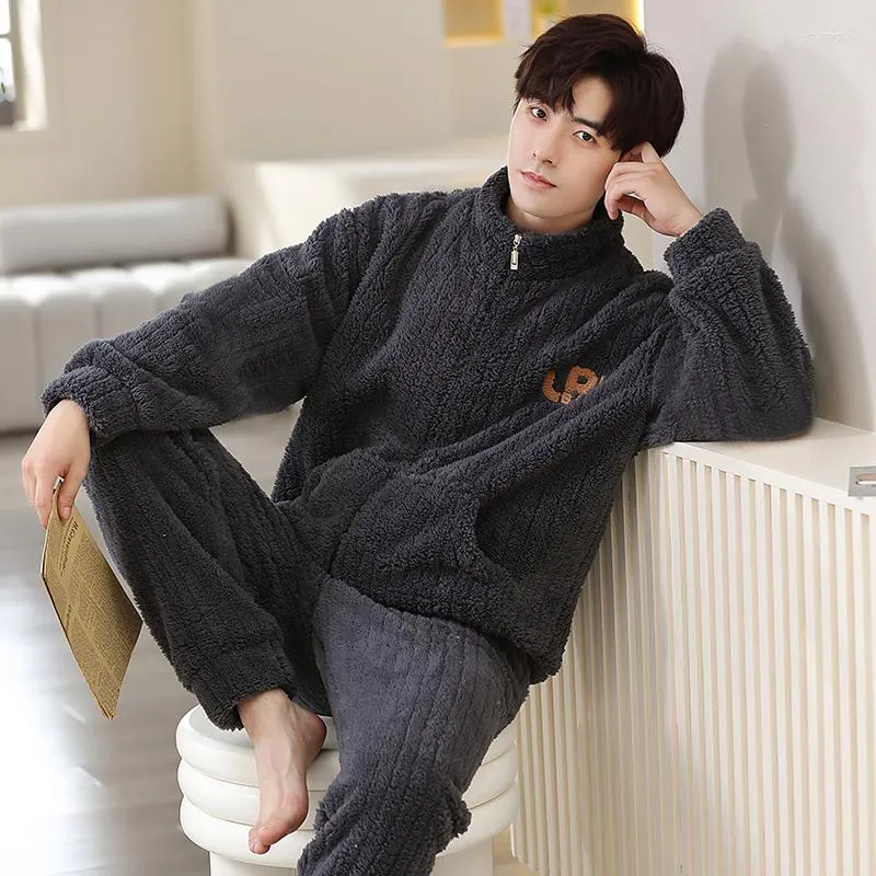 Men Warm Sleepwear Nightwear Flannel Pajama Set Thick Fluffy