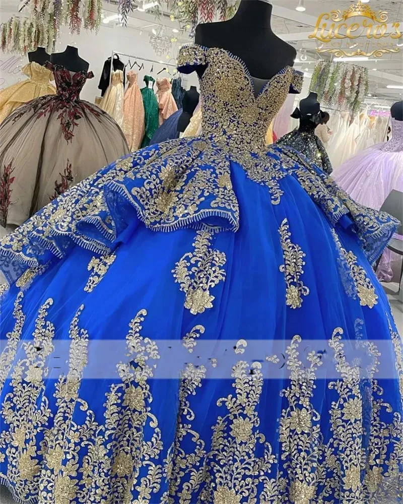 Vestidos quinceanera azul real mexicano, vestido de baile dourado frisado, apliques doce 16, vestido de princesa com renda de 15 anos