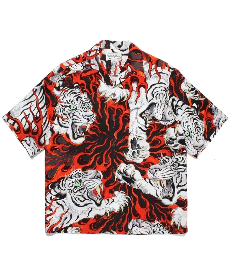 Chemises décontractées pour hommes WACKO MARIA 23SS Tiger Flame All India Collier cubain Hawaiian Chemise à manches courtes Hommes et femmes 230823