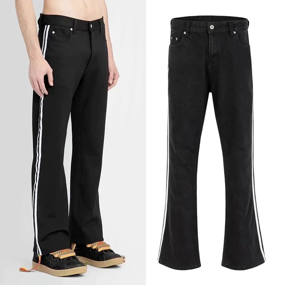 Mäns jeans sida randiga svarta baggy flare jeans för män rak casual y2k streetwear lösa denim byxor pantalones hombre cargos 230823