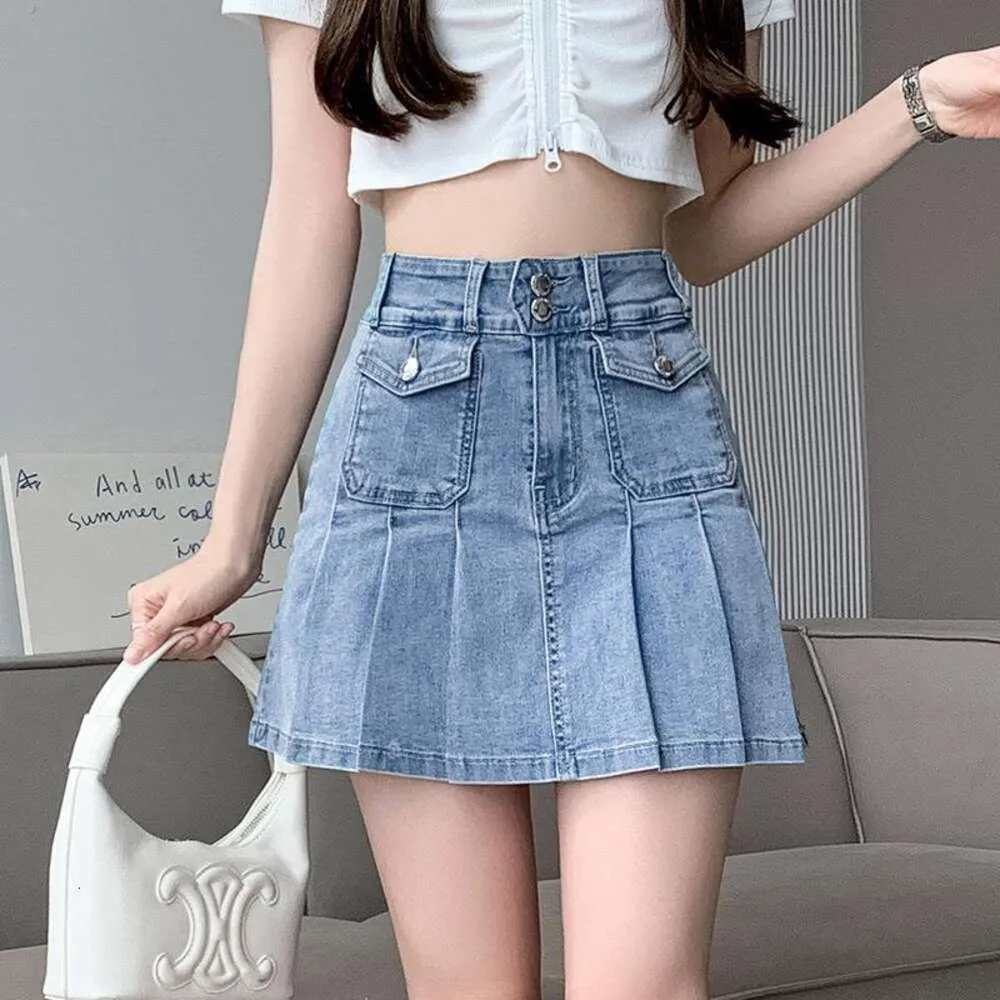 High Waisted Pleated Skirt Denim Womens Autumn Style Large Size Fat Slim A Line Butt Hugging