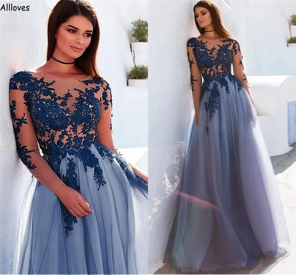 Charming Tulle Lace Appliqued A Line Prom Dresses Arabic Aso Ebi Sheer Neck Long Sleeves Special Occasion Party Gowns For Women Plus Size Formal Evening Wear CL2737