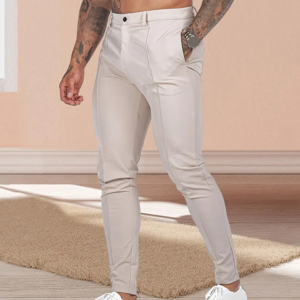 Pantalones de hombre Cintura ajustable Hombres Color sólido Elegante Slim Fit Pantalones de negocios Tela fina suave transpirable con tobillo 230822