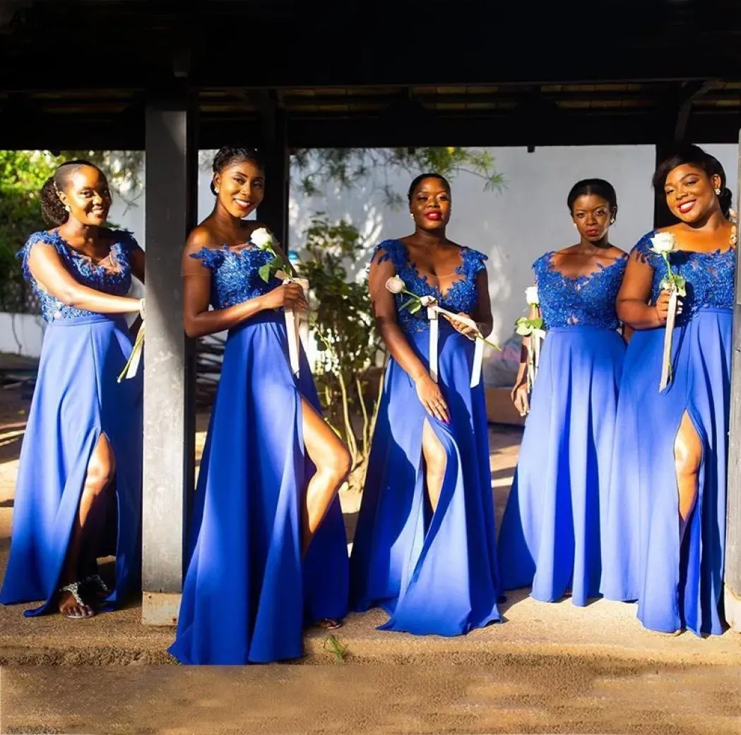 Demoiselle d'honneur robes longues sud-africaines en mousseline de soie bleu royal une ligne élégante en dentelle appli femme d'honneur robe de couleur du sol sexy