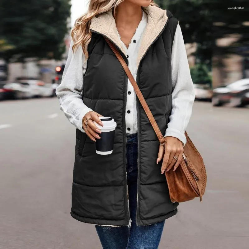 Womens 2023 Fall Reversible Vests Sleeveless Fleece Hooded Jacket Zip Up  Hoodie Pockets Casual Long Warm Winter Coat Outerwear