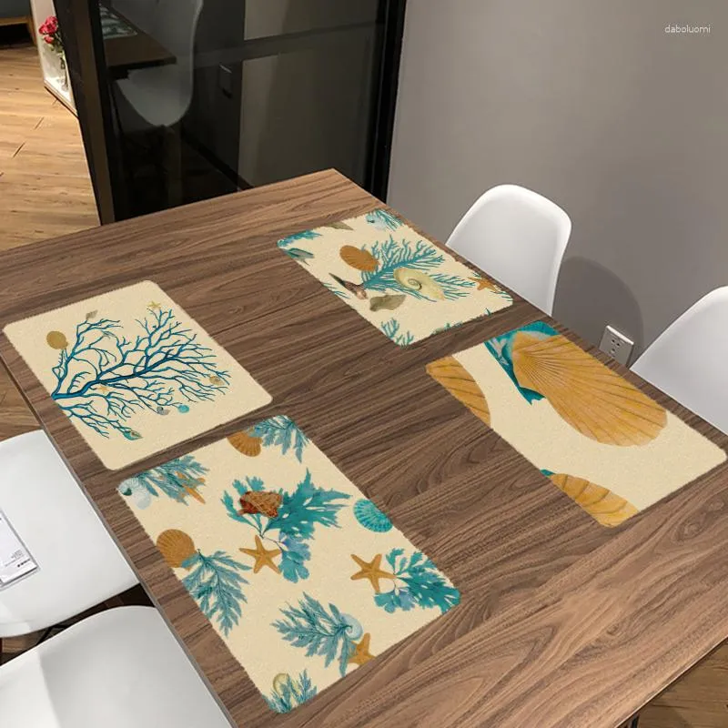 Tavolo tovagliolo 42 32 cm Stile semplice tappetini conchiglie tappetini con mare che mangia la tovaglia di lino decorazione da cucina Accessori da pranzo