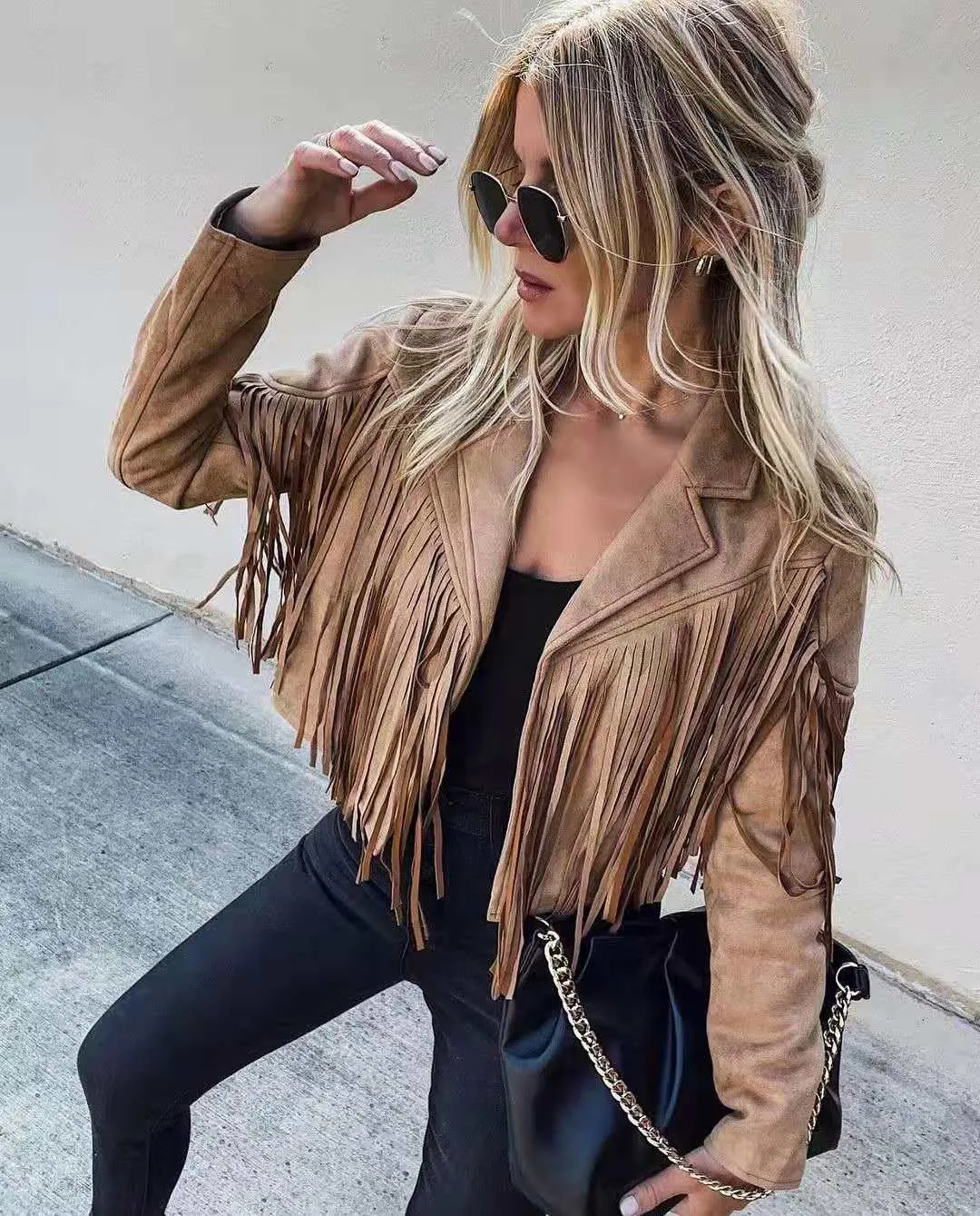 Kvinnorjackor Kvinnor Y2K fransade hem Tassel Cardigan Crop Tops E-Girl Motor Biker Jacka Suede Leather Jacket 90s Vintage Streetwear Coat Cool 230822