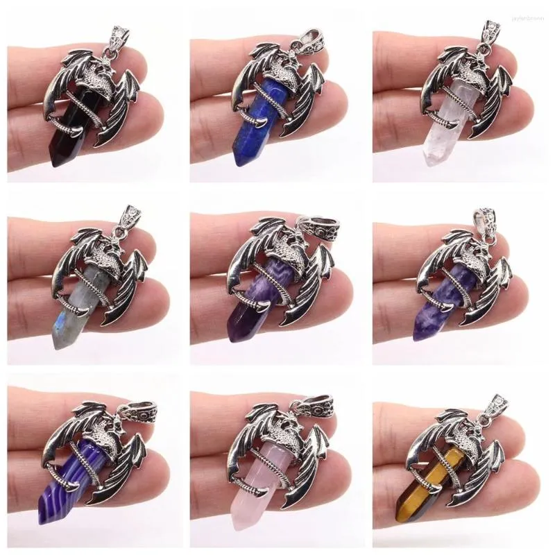 Pendant Necklaces Dragon Man Necklace Natural Gem Stone Healing Amethyst Pink Quartz Lapis Hexagonal Crystal Vintage Jewelry For Women