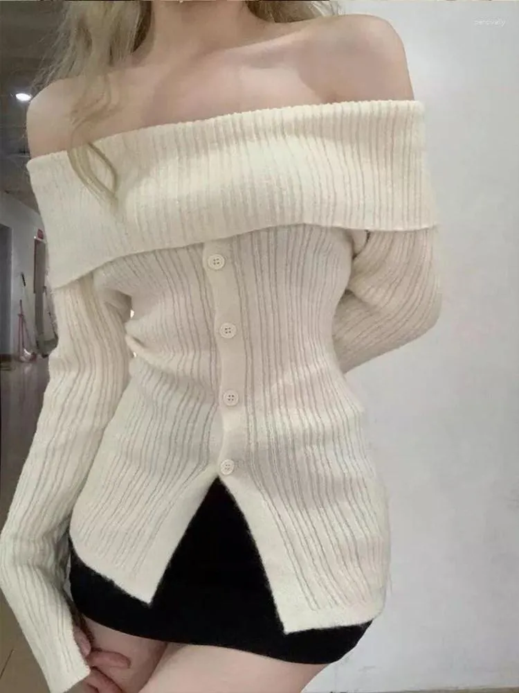 Tricots pour femmes, esthétique Harajuku Y2K, dentelle Beige, épaules dénudées, pièce de mode, extérieur élégant, Cardigan tricoté, pull décontracté