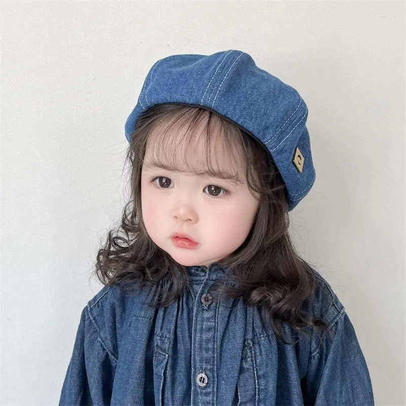 Hats Kids Beret Girl 2023 Dżinsowa bawełniana ośmioboczna czapka dla dzieci Hip Hop Fashion Style Little Boy Dekoracyjny malarz Malarz