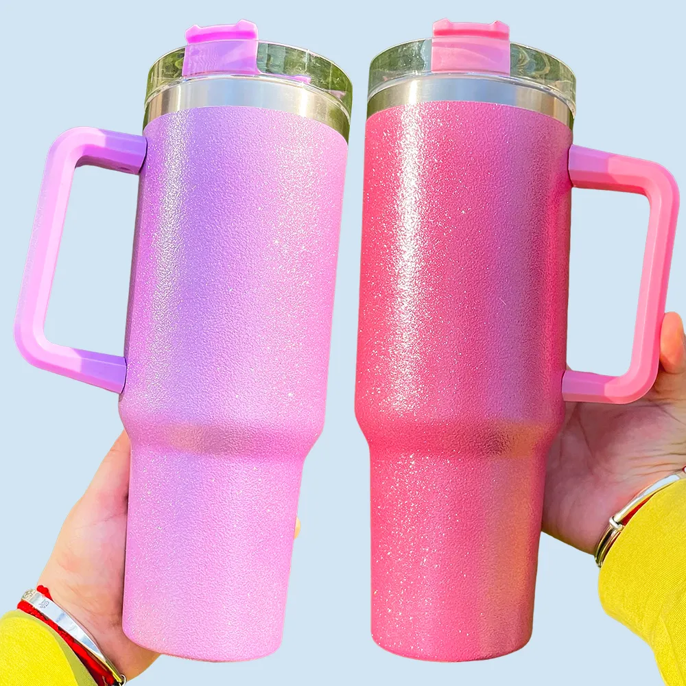 Entrepôt américain 40oz arc-en-ciel en acier inoxydable isolé sous vide sublimation vierge poudre rugueuse scintillante tasses à gobelet sans BPA avec poignée et paille