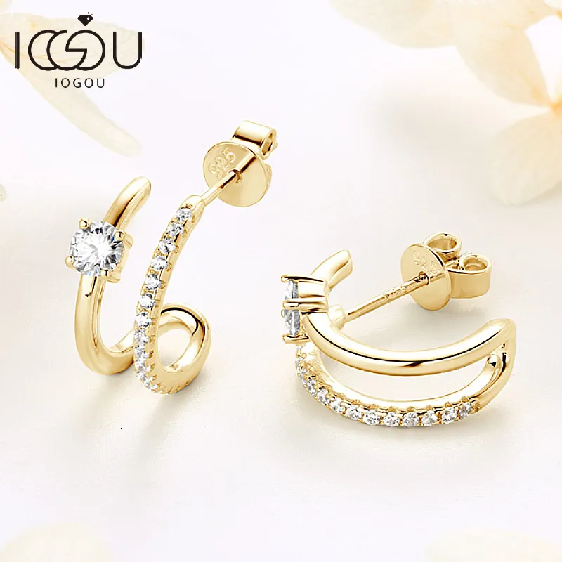 Boucles d'oreilles IOGOU D pour femmes et filles, en argent 925, bijoux certifiés originaux, demi-cerceau, Huggie ouvert en forme de C, 230822