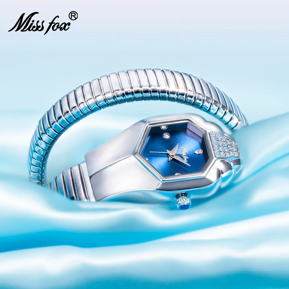 Armbanduhren MISSFOX Schlangenform Diamantuhr für Frauen Luxusmarke Blaues Zifferblatt Mode Damenuhren Lünette Armband Quarzwerk für Damen 230823
