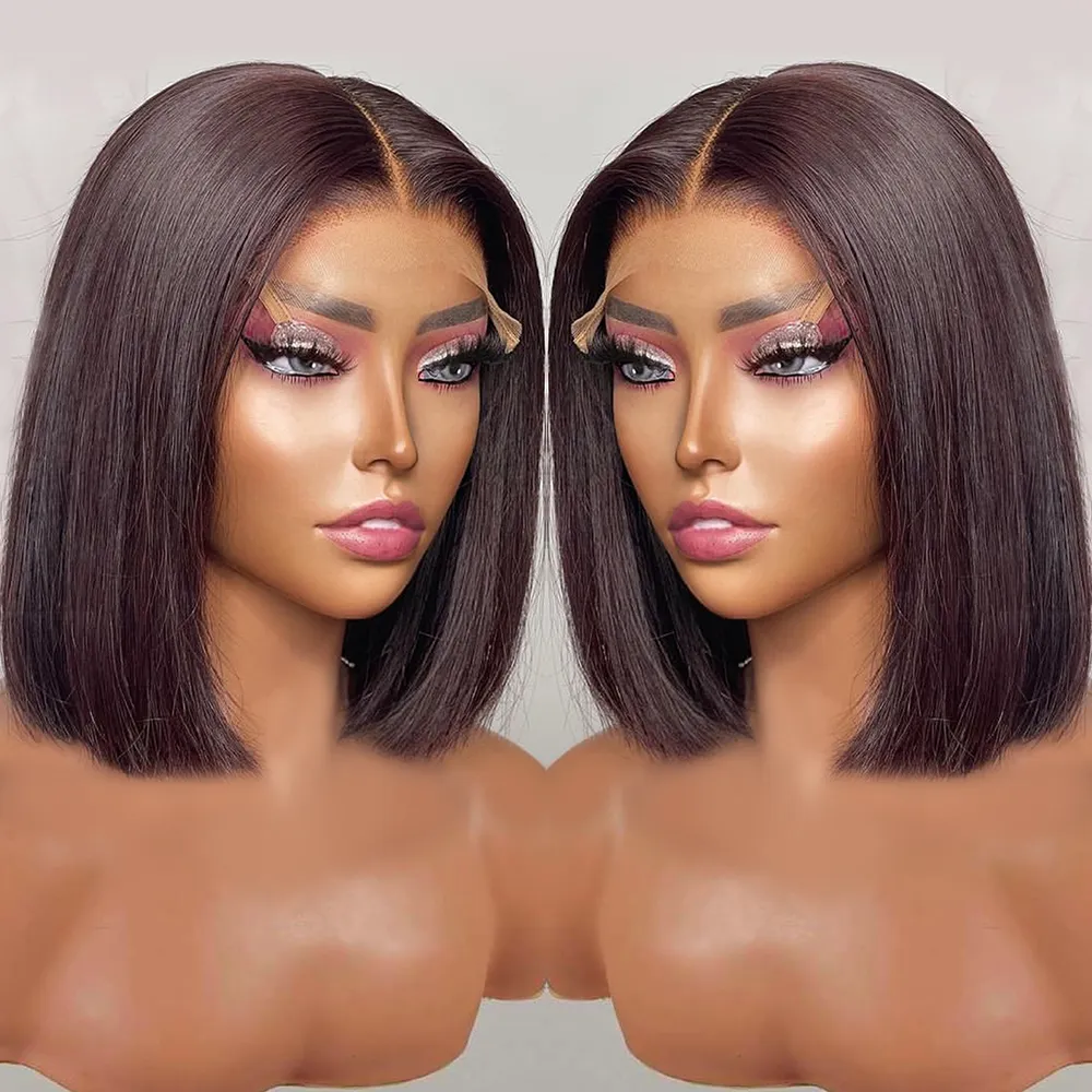 Perruque Bob Lace Frontal Wig brésilienne naturelle lisse, cheveux courts, lisses, 13x1, pre-plucked, Transparent, pour femmes noires